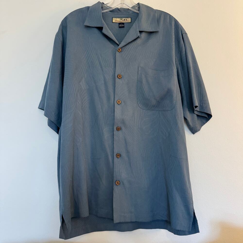 Tommy Bahama 100% Silk Camp Shirt Blue Leaf Hawaiian Button Front Short Sleeve S